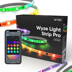 Wyze Light Strip Pro packaging box. Smartphone with Wyze app open and on light settings.