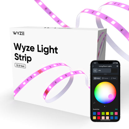 Wyze Light Strip packaging. Smartphone with Wyze app open and on the light strip control screen.