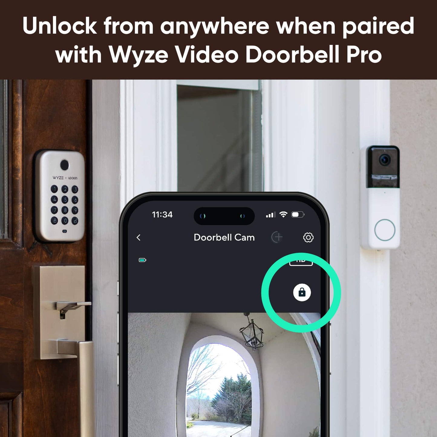 Phone with app open showing locked status and the Wyze Lock Bolt and Video Doorbell Pro in the background.