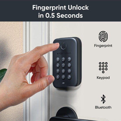 A person's finger near the fingerprint reader. Text overlay that says "Fingerprint Unlock in 0.5 seconds."