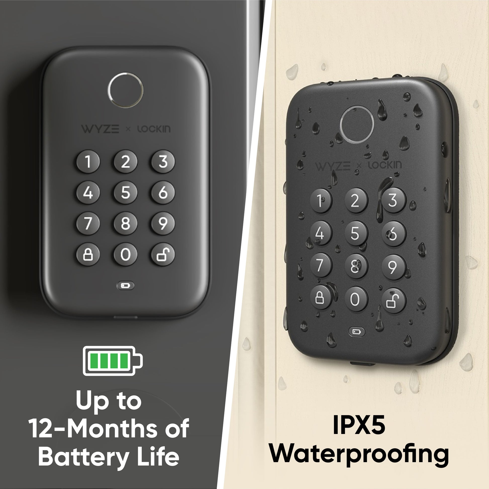 A dry Wyze Lock Bolt on the left side. A wet Wyze Lock Bolt on the right side with text that says "IPX5 Waterproofing." 