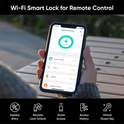 Person holding smartphone with Wyze app open. Screen shows the Backyard Door is locked.