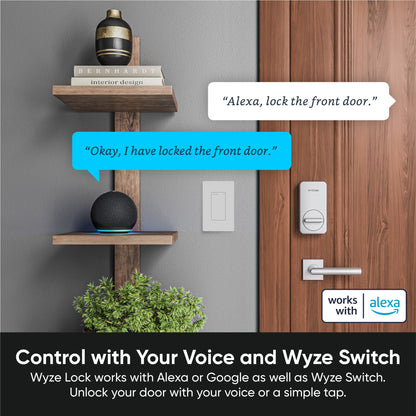Wyze Lock installed on a wooden door with an Amazon Alexa device nearby as the two devices communicate.