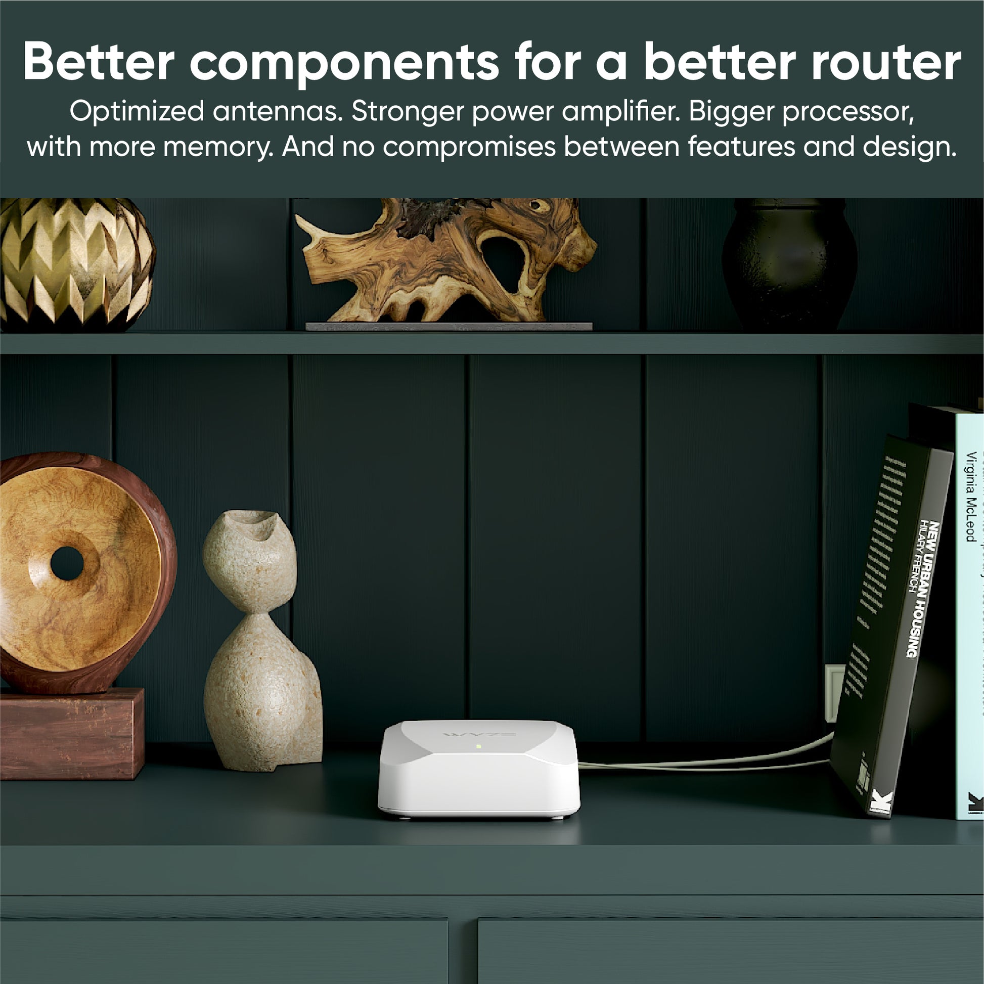 Wyze Mesh Router on a bookshelf.