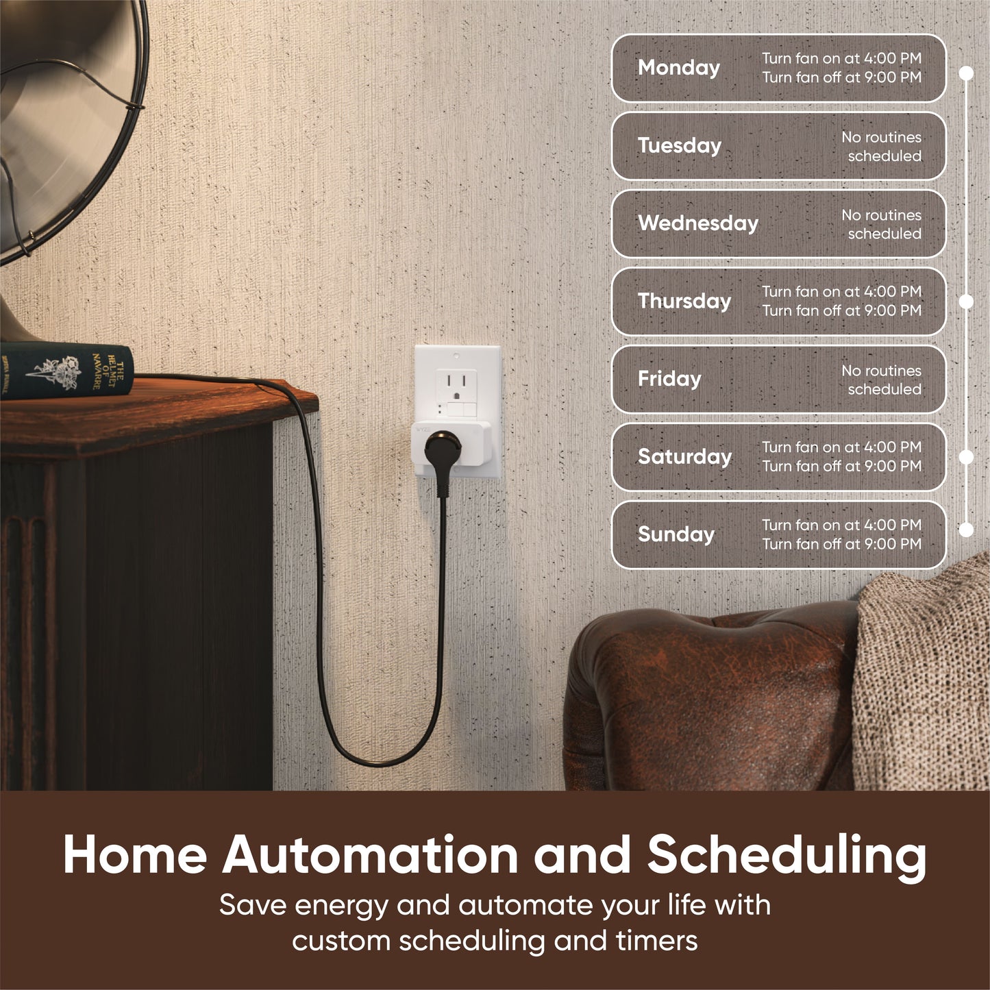 House fan attached to Wyze Plug and text overlay that shows the schedule the appliance is on.
