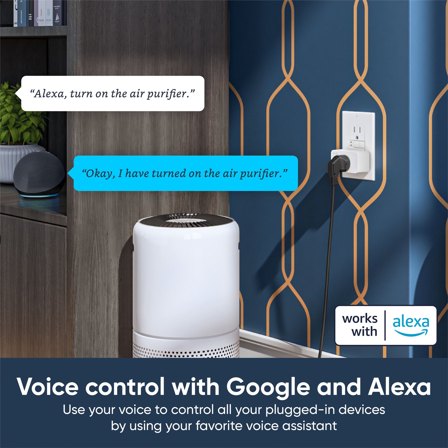 An air purifier plugged into Wyze Plug with an overlay of an Amazon Alexa device communicating.