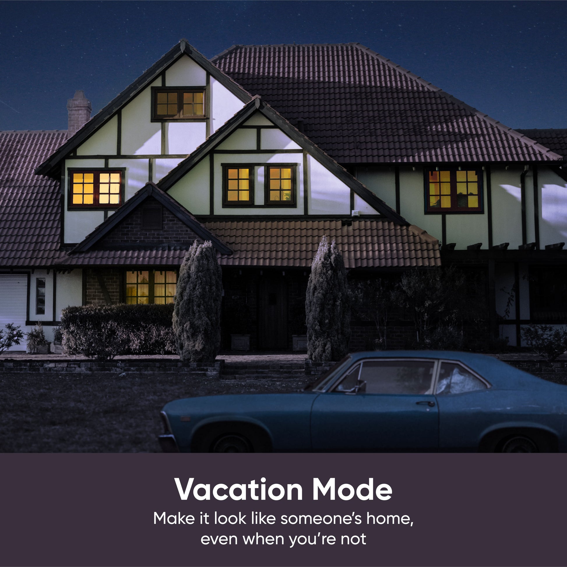 Outside picture of a house with a few windows lit by indoor lighting and white text overlay saying vacation mode.