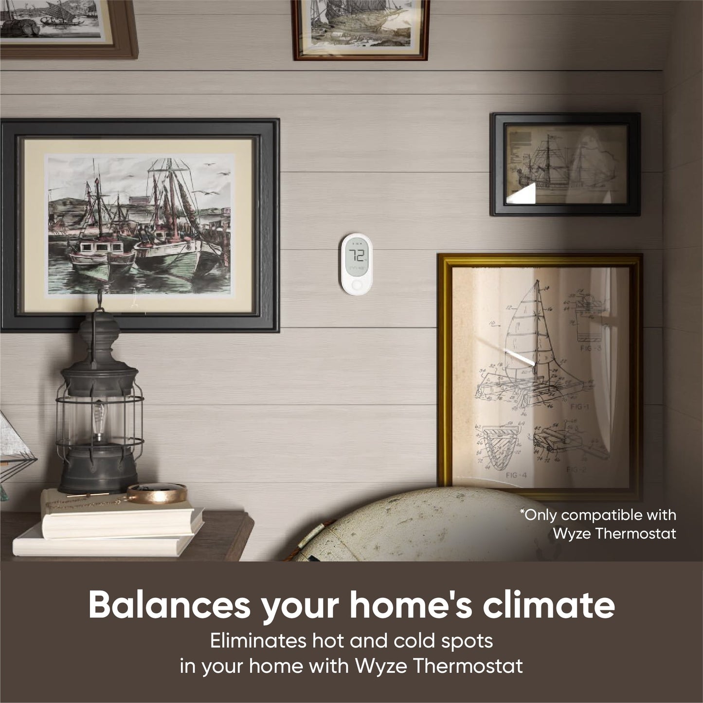 Room sensor mounted to a wall. White text overlay that says "Balances your home's climate." 