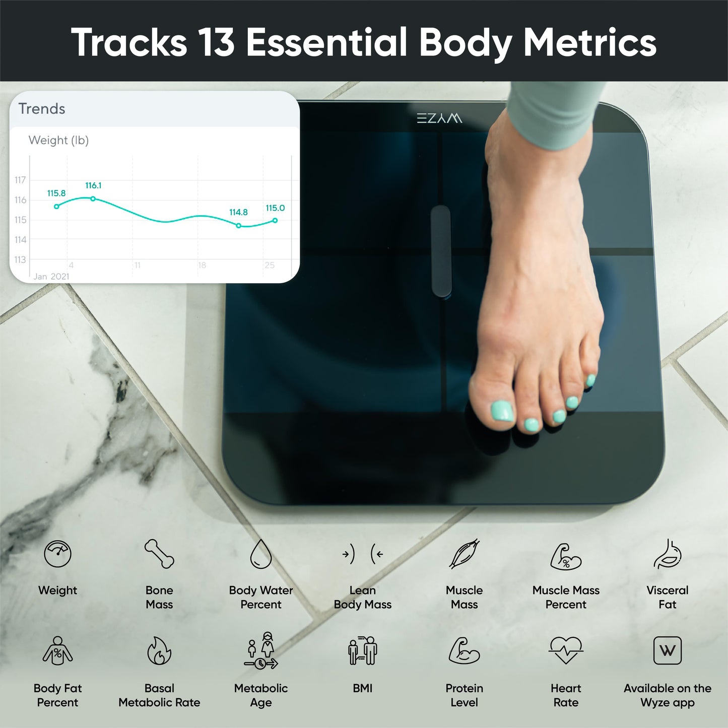Foot on scale, text overlays says "Track 13 essential body metrics, weight, bone mass, body water %, lean body mass, muscle mass percent, visceral fat, body fat %, basal metabolic rate, metabolic age, BMI, protein level, heart rate."