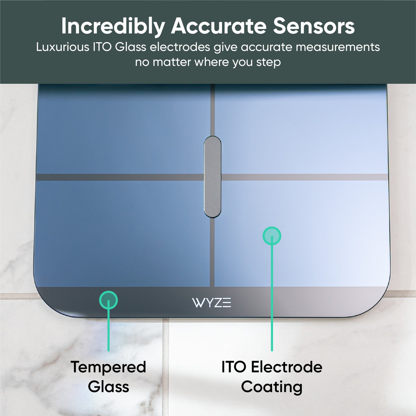 Black Scale X text overlays says, "Luxurious ITO glass electrodes give accurate measurements no matter where you step."