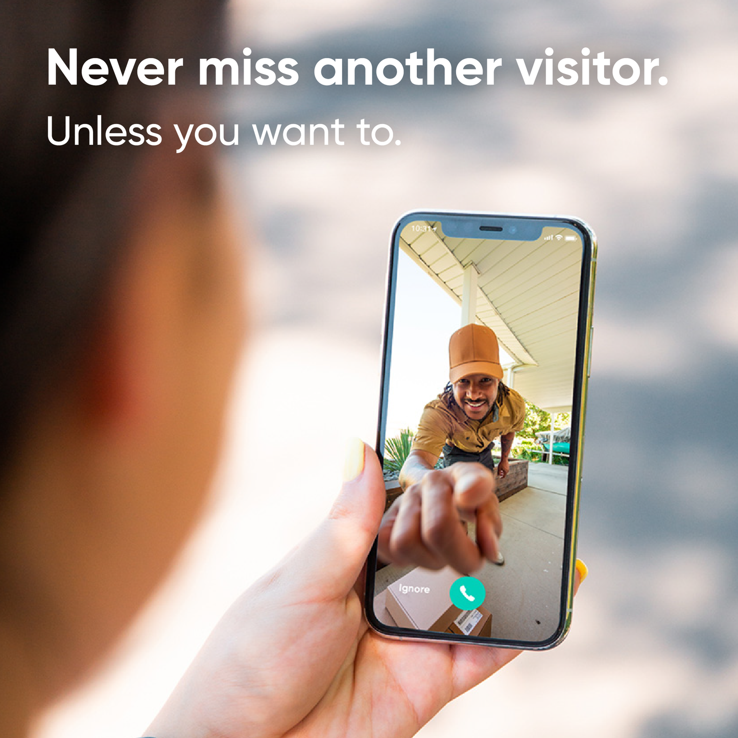 Wyze app on smartphone showing delivery person ringing Wyze video doorbell. Text overlay "Never miss another visitor."