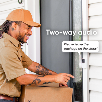 Delivery person ringing Wyze video doorbell. Text overlay "Two-way audio."