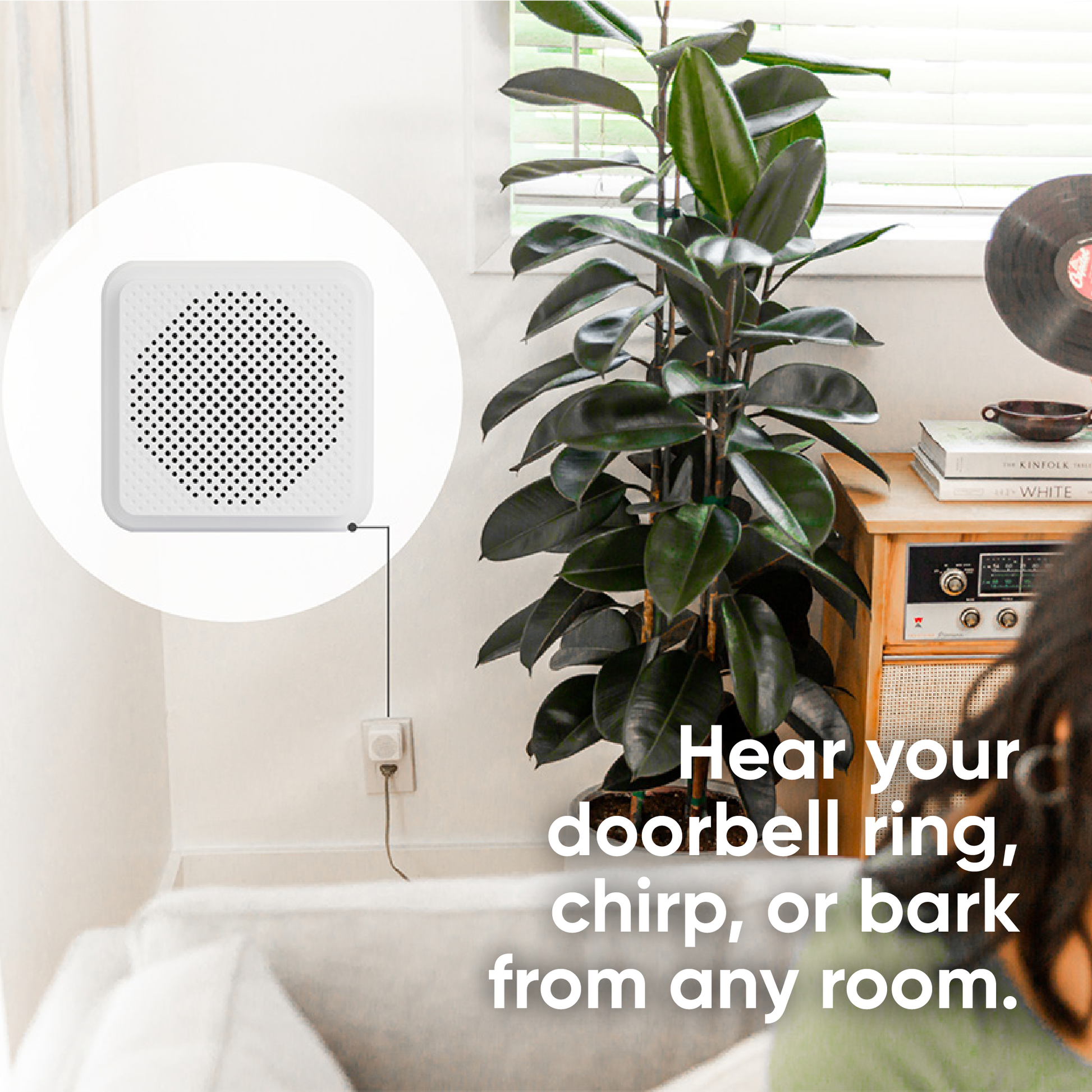 Sized up image of Wyze chime showing device plugged into an outlet. Text overlay "Hear your doorbell ring... from any room."