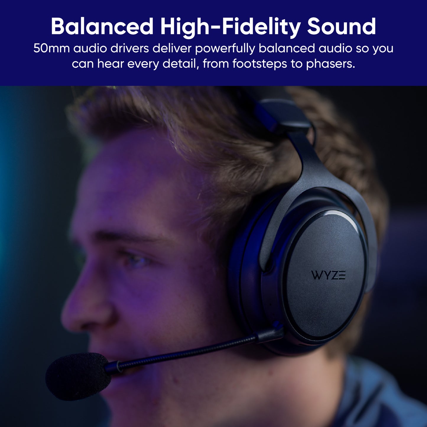 Person wearing gaming headset. Text overlay says"50mm audio drivers deliver powerfully balanced audio so you can hear every detail."