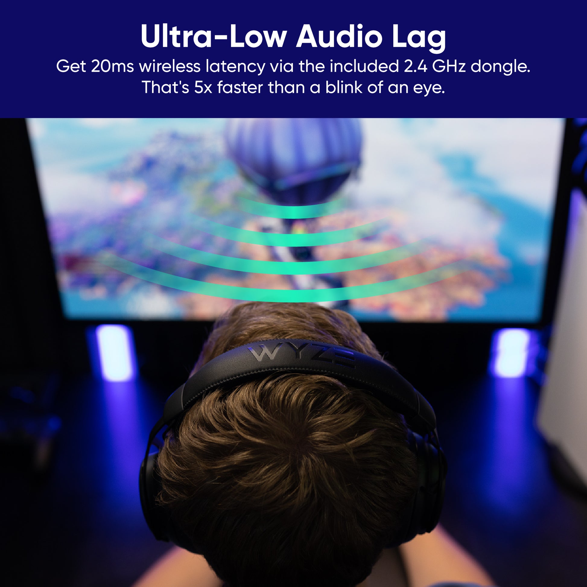 Person wearing gaming headset playing video games. Text overlay says, "Ultra low audio lag, get 20ms wireless latency via the included 2.4 GHz dongle."