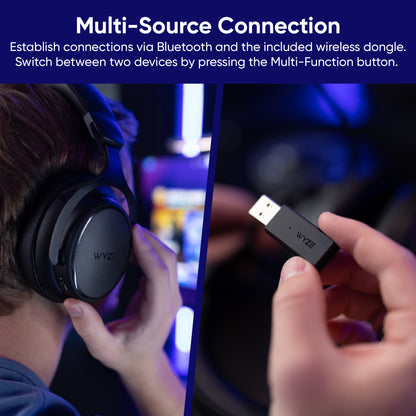 Person wearing headset is pressing bluetooth button. Other person is holding wireless dongle. Text overlay says, "Multi source connection establish connections via bluetooth and the included wireless dongle. Switch between two devices by pressing the multi function button."