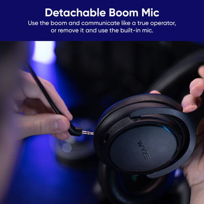 Person plugging detachable boom mic into gaming headset. Text overlays says, "Use the detachable boom mic to communicate like a true operator or remove it and use the built in mic."