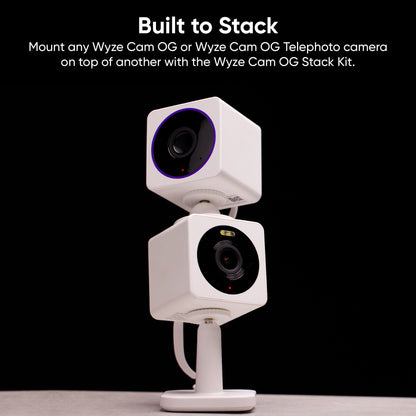 Wyze Cam OG Telephoto mounted on top of a Wyze Cam OG standard with a OG Stack Kit.