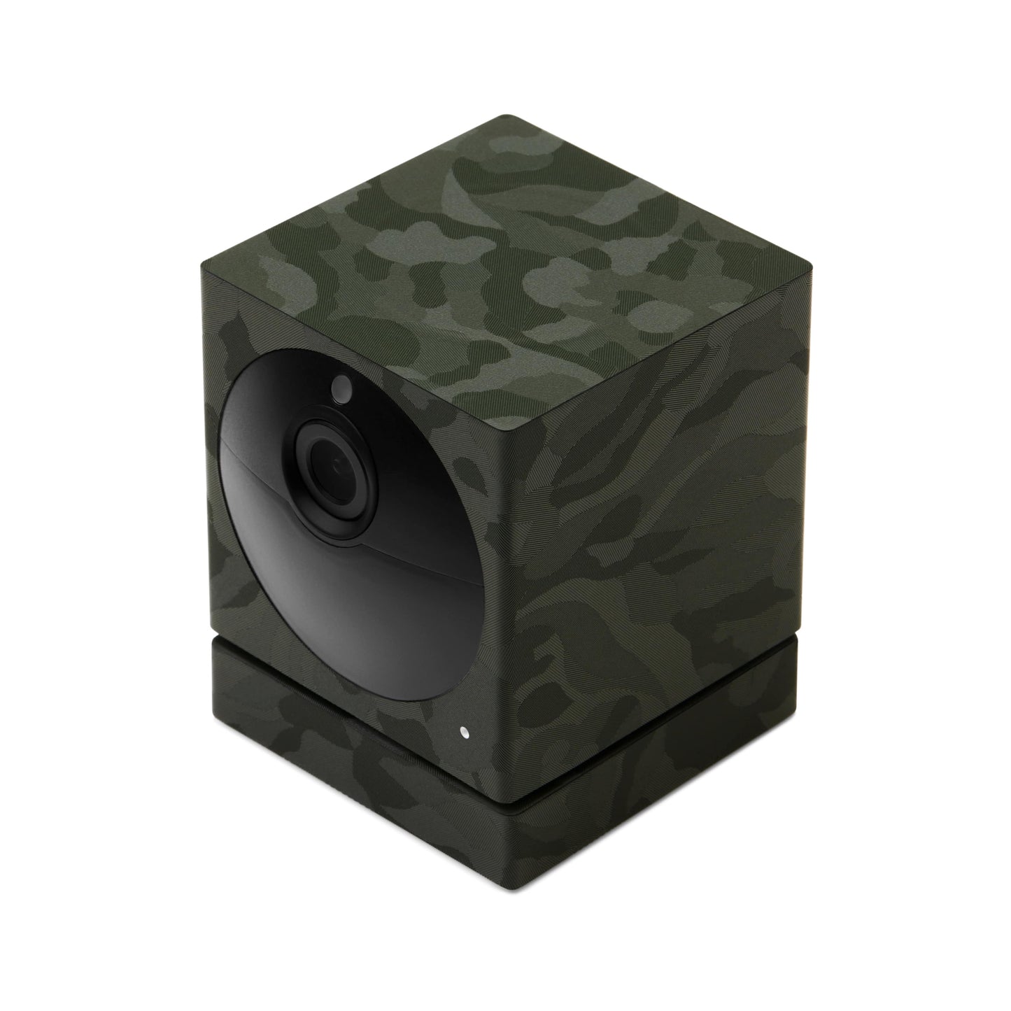 Top angle of green camo adhesive skin (sticker wrap) covering for Wyze Cam Outdoor.