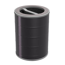 A gray cylinder with a silver lid and a hole in the middle.