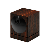 A black camera with a wood grain finish.