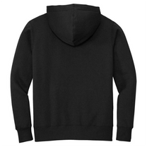 A black hoodie with a hood and a zipper.