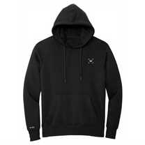 A black hoodie with a white logo on it.