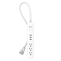A white surge protector with 3 USB ports and 3 grounded outlets for charging devices.