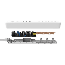A white surge protector with 3 USB ports and 3 grounded outlets for charging devices.